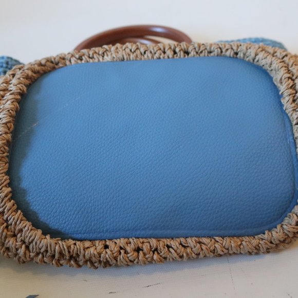 WOMENS UNBILLION BLUE TAN BURLAP WOOD DOUBLE HANDLE HANDBAG * - Picture 6 of 9